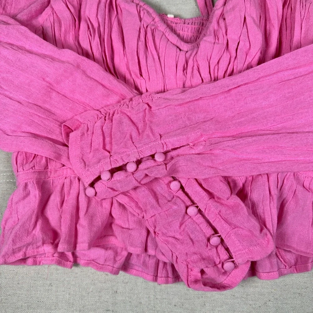 Free People Chloe Pink Smock Peplum‎ Crop Blouse Long Puff Sleeve Sweetheart Top